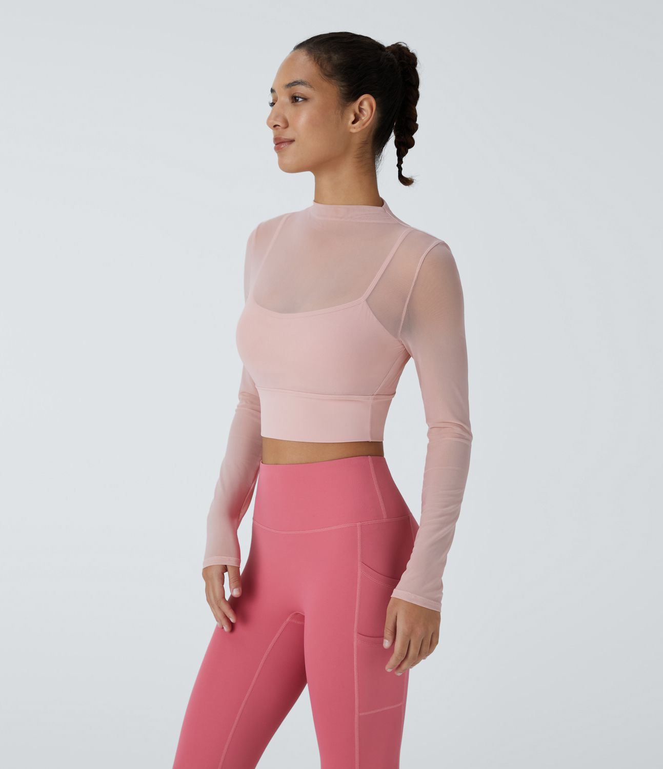 Contrast Mesh Long Sleeve 2-in-1 Cropped Yoga Sports Top