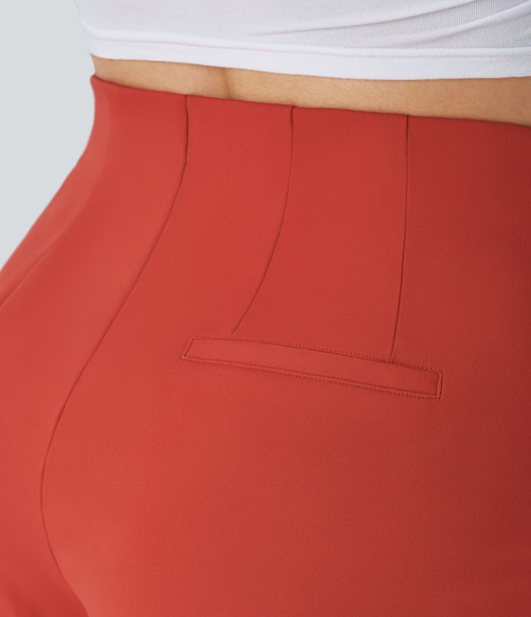 High-waist decorative button side pocket pleated casual shorts