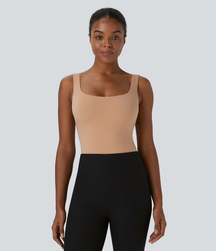 High stretch skin-friendly square neck backless button homewear lingerie bodysuit