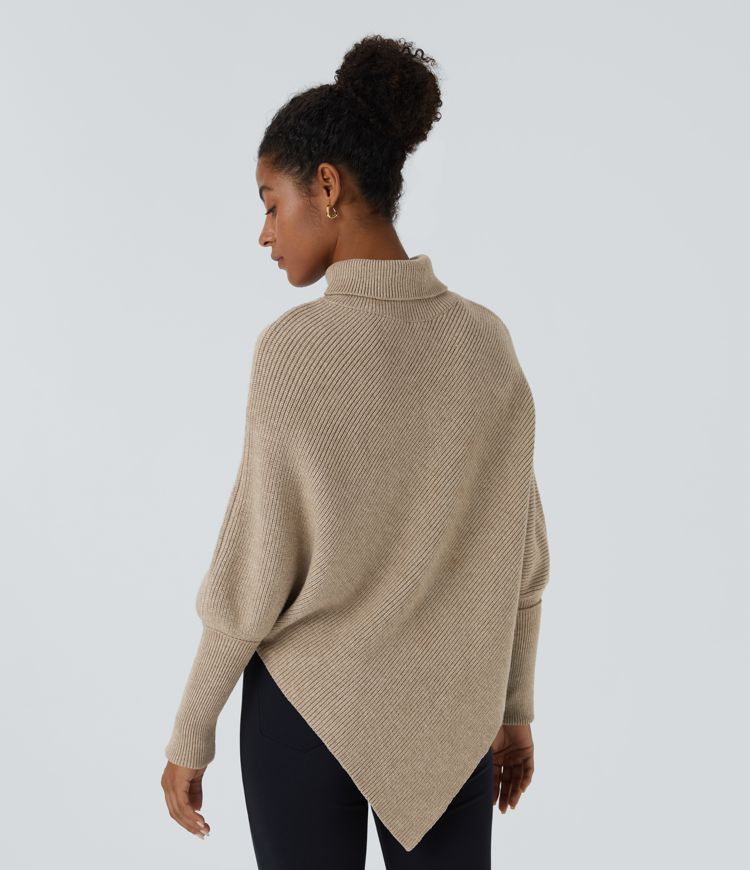 High Neck Long Sleeve Asymmetric Hem Work Sweater