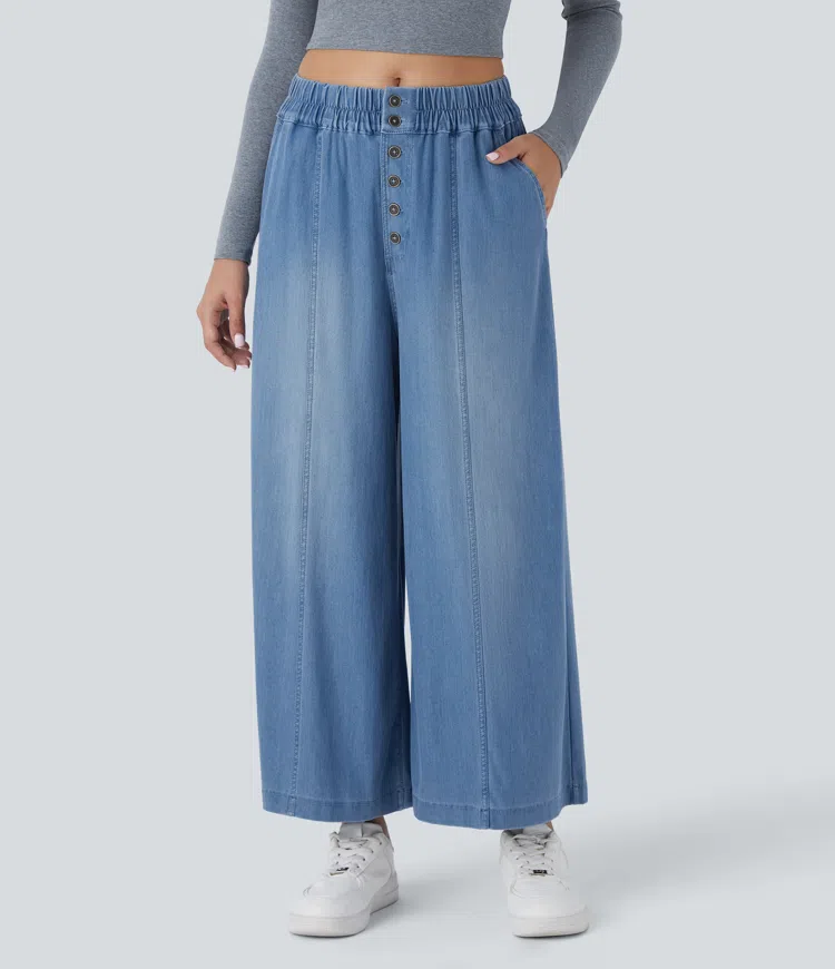 Halara Flex™ Mid-Waist Button Side Pocket Drape Wide Washed Stretch Knit Casual Jeans