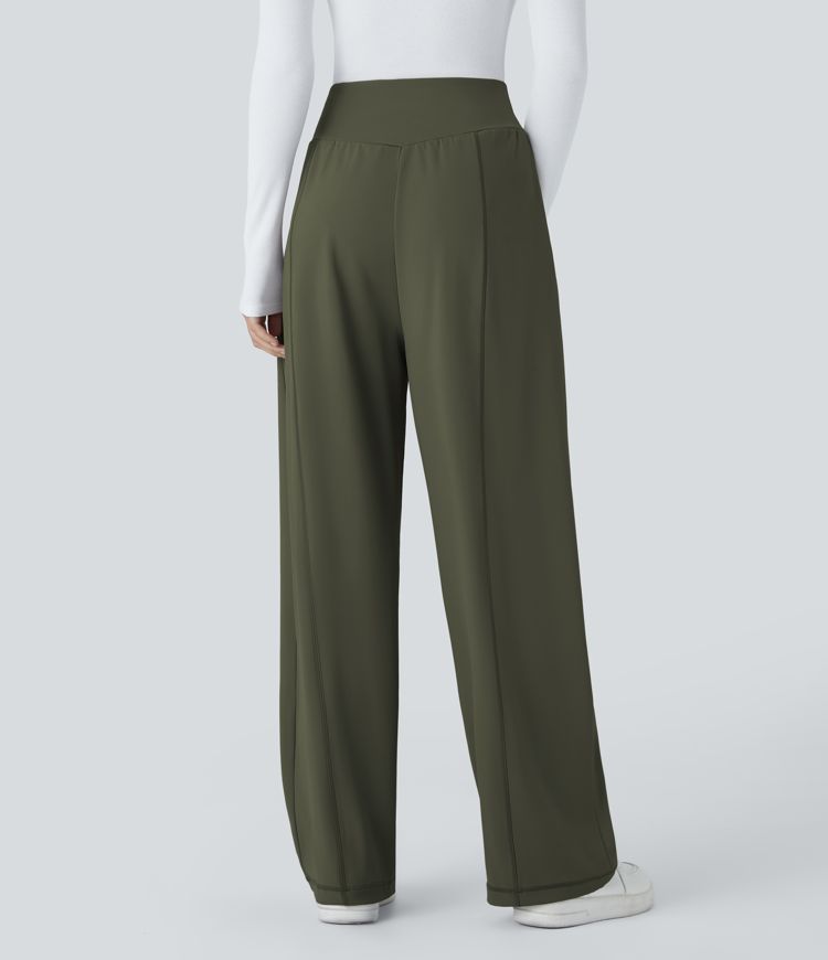 High Waist Drawstring Side Zipper Pocket Straight Leg Casual Pants