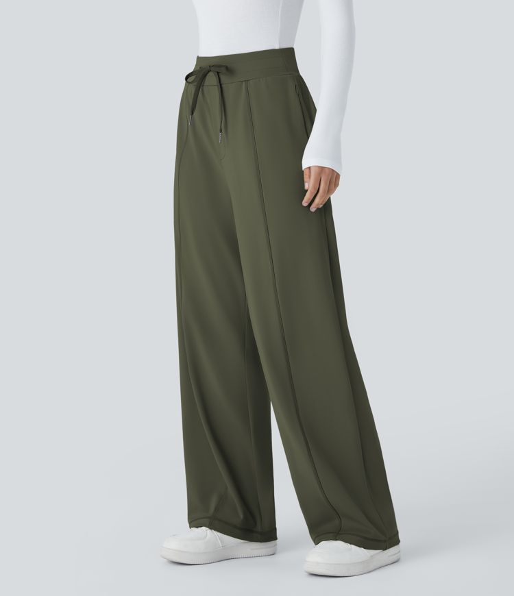 High Waisted Drawstring Side Zipper Pocket Straight Leg Casual Trousers