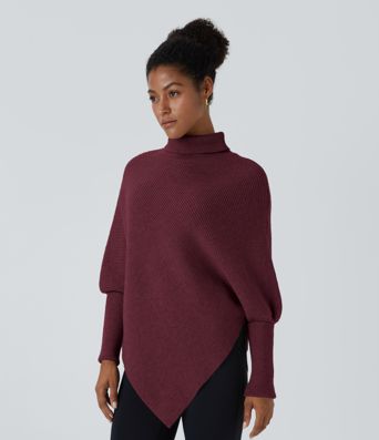 High Neck Long Sleeve Asymmetric Hem Work Sweater