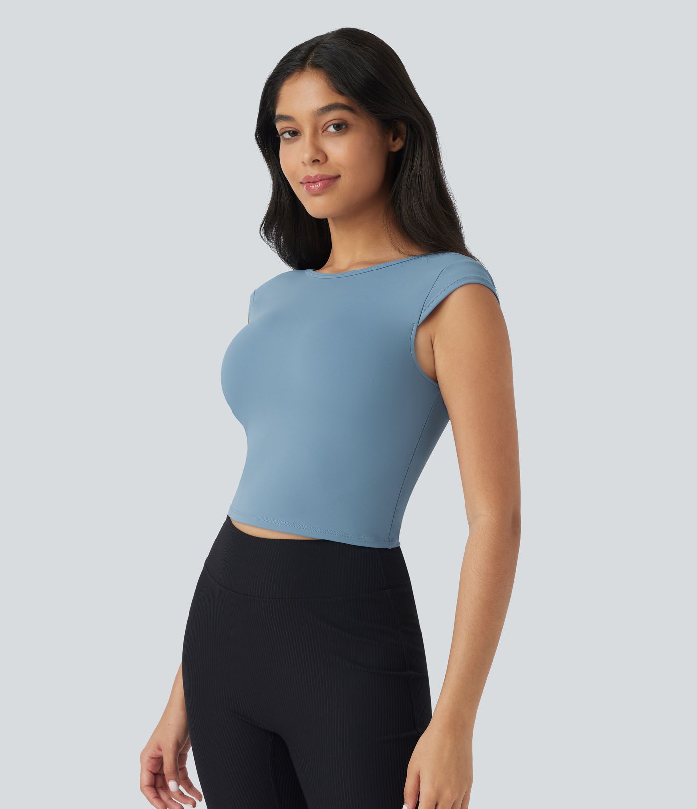 SoftlyZero™ Camiseta Casual Cropped com Decote Canoa e Manga Curta - UPF50+