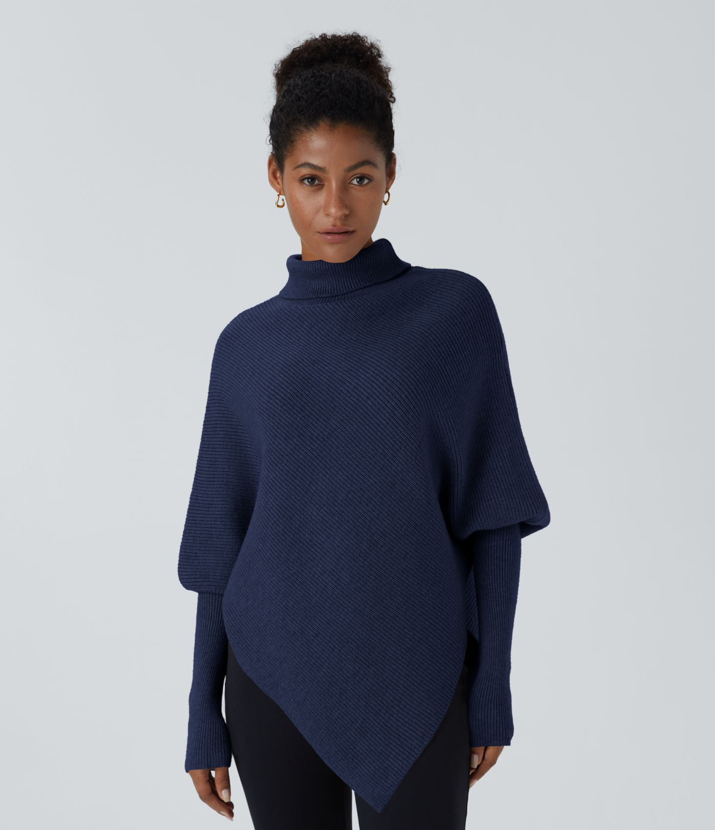 High Neck Long Sleeve Asymmetric Hem Work Sweater