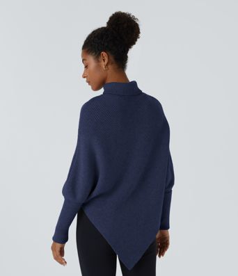 High Neck Long Sleeve Asymmetric Hem Work Sweater