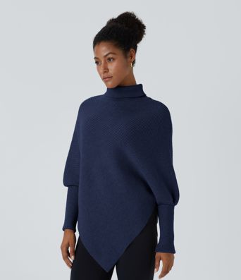 High Neck Long Sleeve Asymmetric Hem Work Sweater
