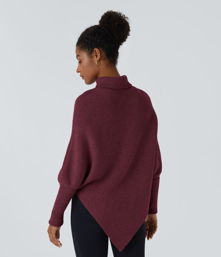High Neck Long Sleeve Asymmetric Hem Work Sweater