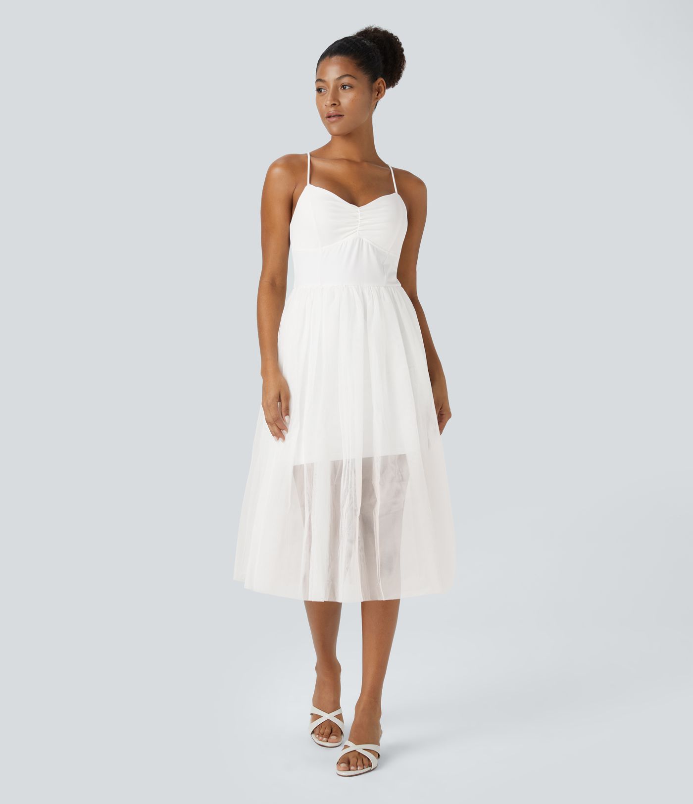 V-neck shirring backless cross lace-up contrast mesh midi casual dress