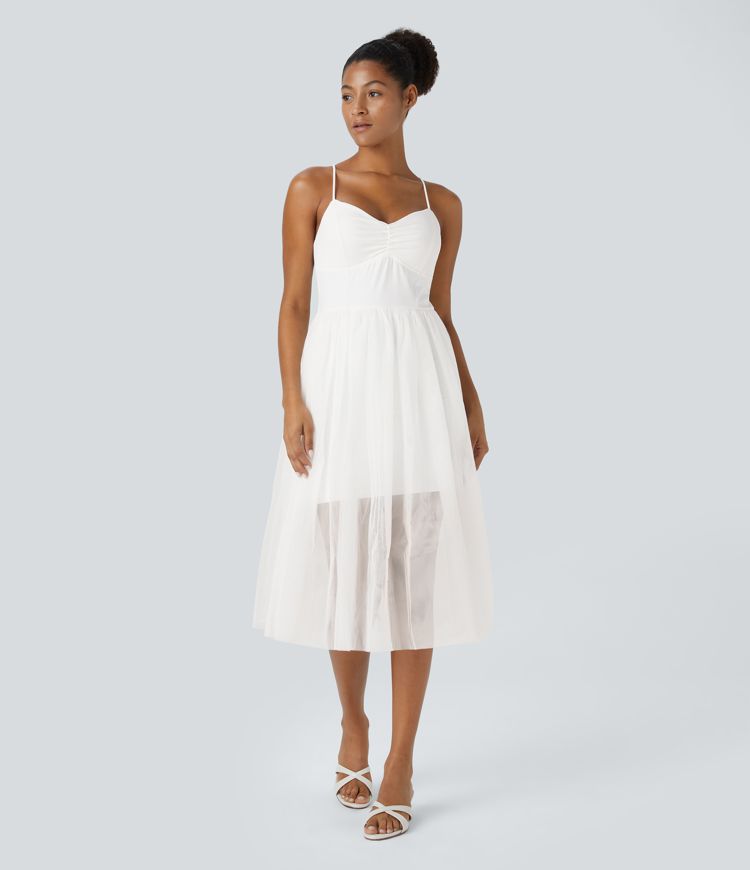 Vestido media pierna cuello V fruncido sin espalda entrecruzado cordón malla contrastante