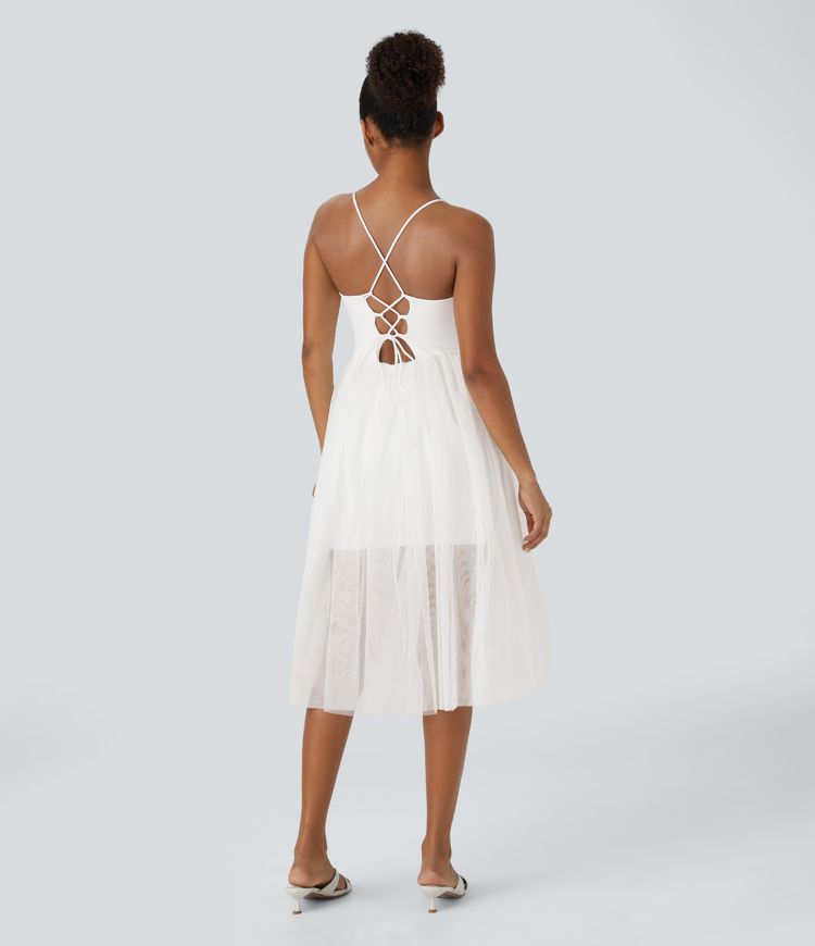 V Neck Ruched Lace Up Contrast Mesh Midi Casual Dress