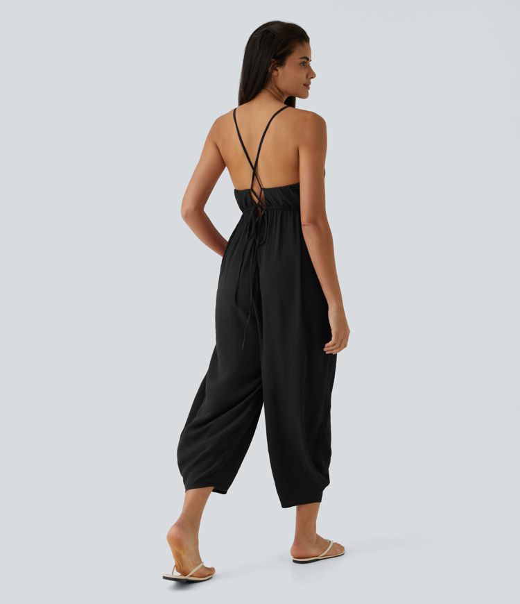 Spaghetti Strap Lace Up Pocket Jumpsuit
