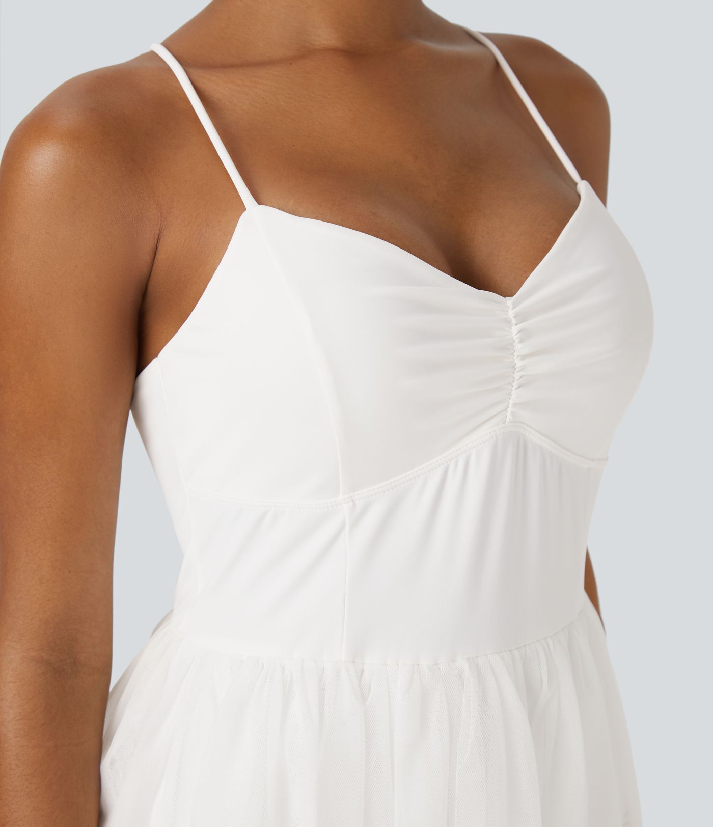 V-neck shirring backless cross lace-up contrast mesh midi casual dress