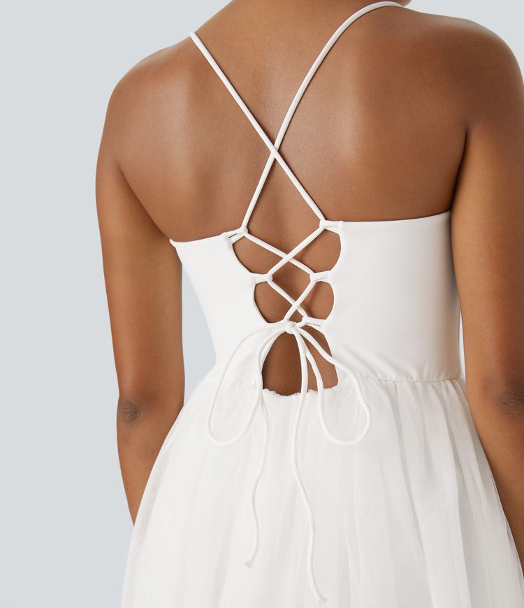 Vestido media pierna cuello V fruncido sin espalda entrecruzado cordón malla contrastante