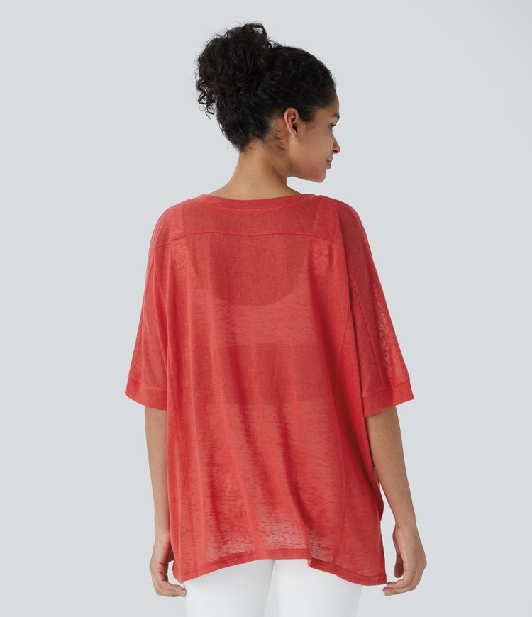 Asymmetric Split Hem Sheer Oversize Casual Top