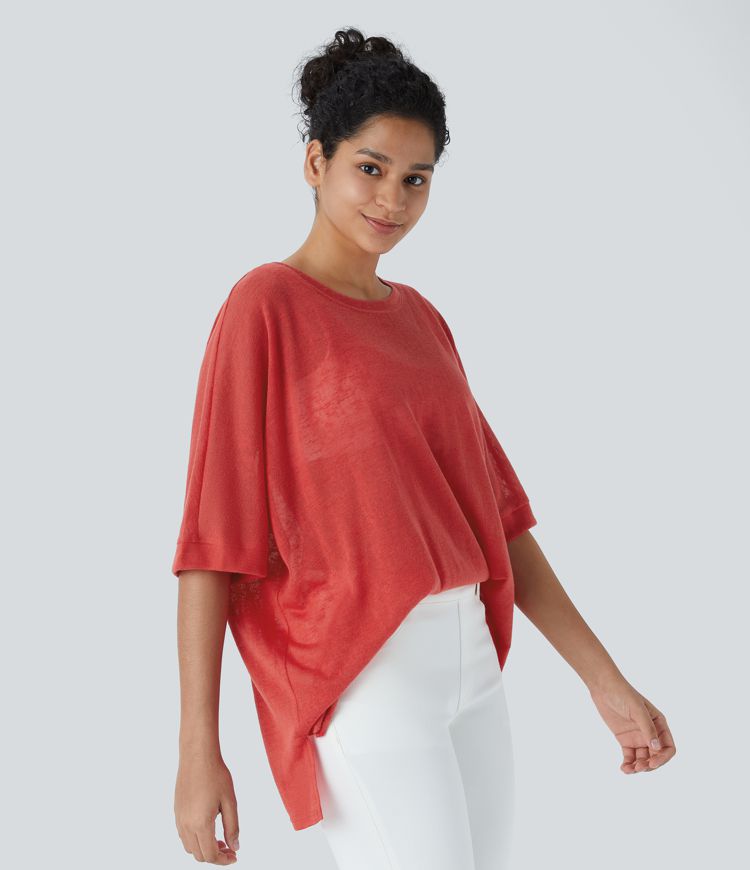 Asymmetric Split Hem Sheer Oversize Casual Top