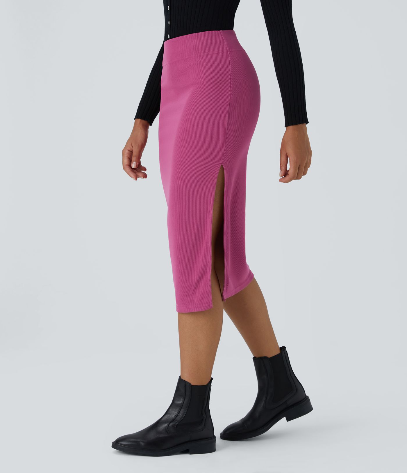 Gerippter, schmaler Cord-Midi-Bleistiftrock mit hohem Bund und Schlitz