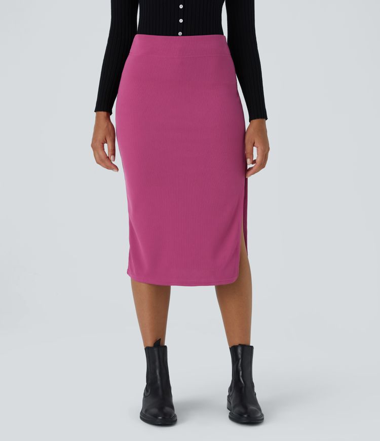 Gerippter, schmaler Cord-Midi-Bleistiftrock mit hohem Bund und Schlitz