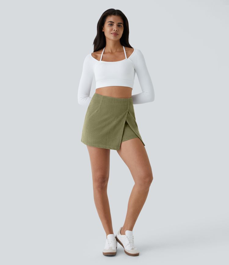 High Waisted Back Zipper Hem 2-in-1 Corduroy Women Casual Skirt