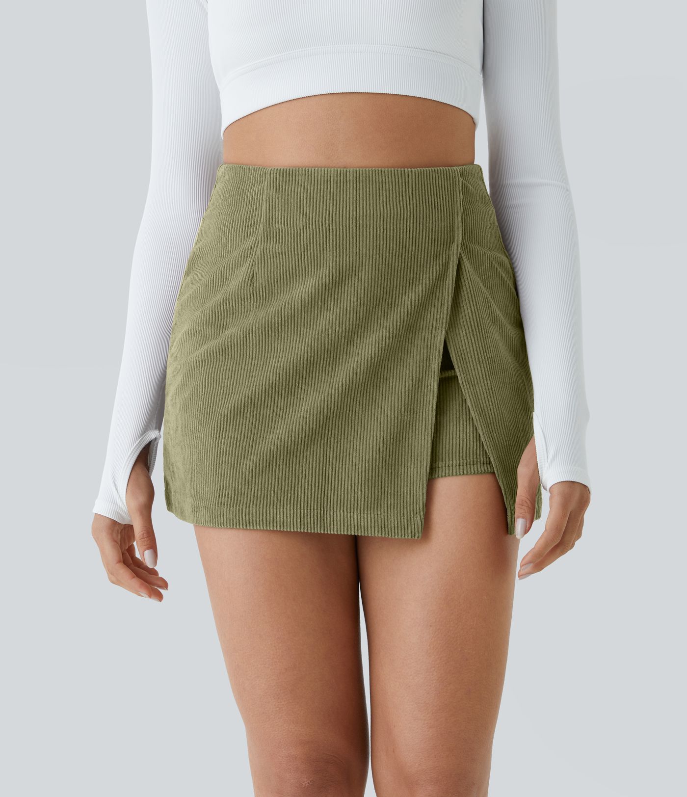 High Waisted Back Zipper Hem 2-in-1 Corduroy Women Casual Skirt