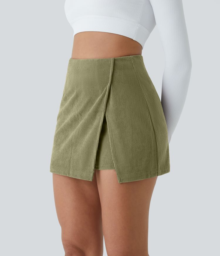 High Waisted Back Zipper Hem 2-in-1 Corduroy Women Casual Skirt