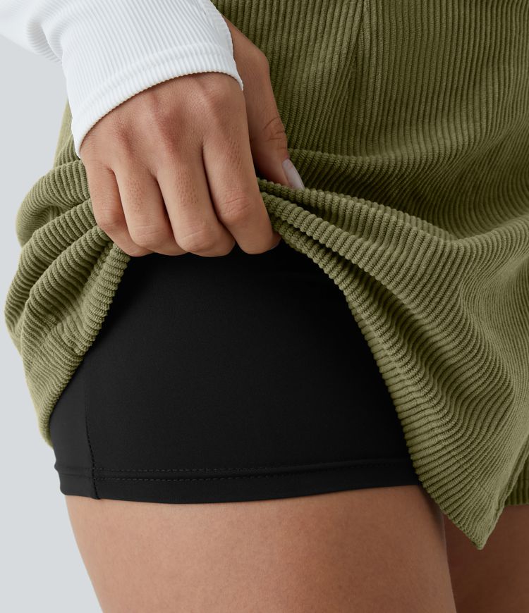 High Waisted Back Zipper Hem 2-in-1 Corduroy Women Casual Skirt