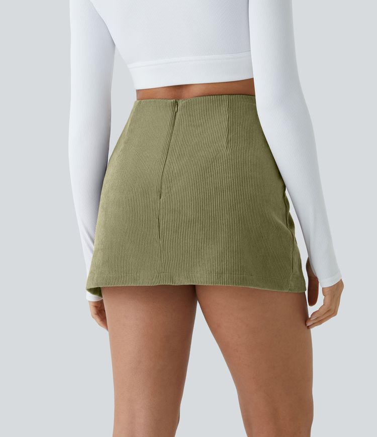 High Waisted Back Zipper Hem 2-in-1 Corduroy Women Casual Skirt