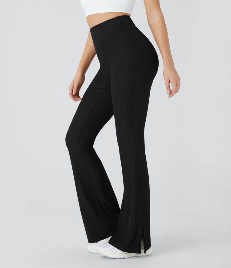 Ribbed High Waisted Split Flared Yoga Full Length Leggings