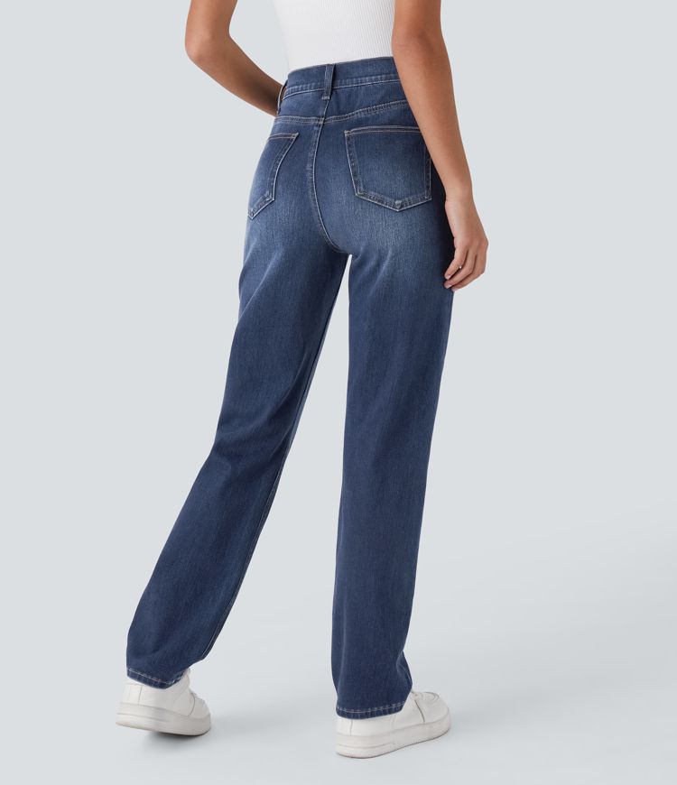HalaraMagic™ High Waisted Multiple Pockets Straight Leg Washed Stretchy Knit Casual Jeans