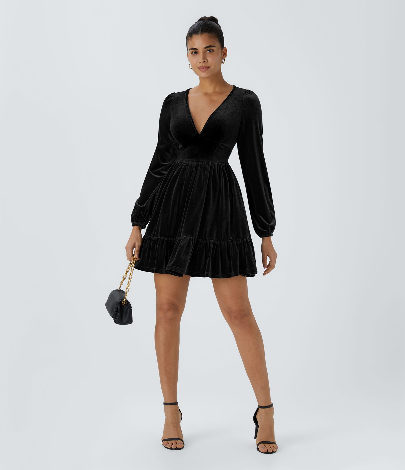 Everyday Deep V Neck Long Sleeve Ruffled Hem Velvet Mini Chill Party Dress