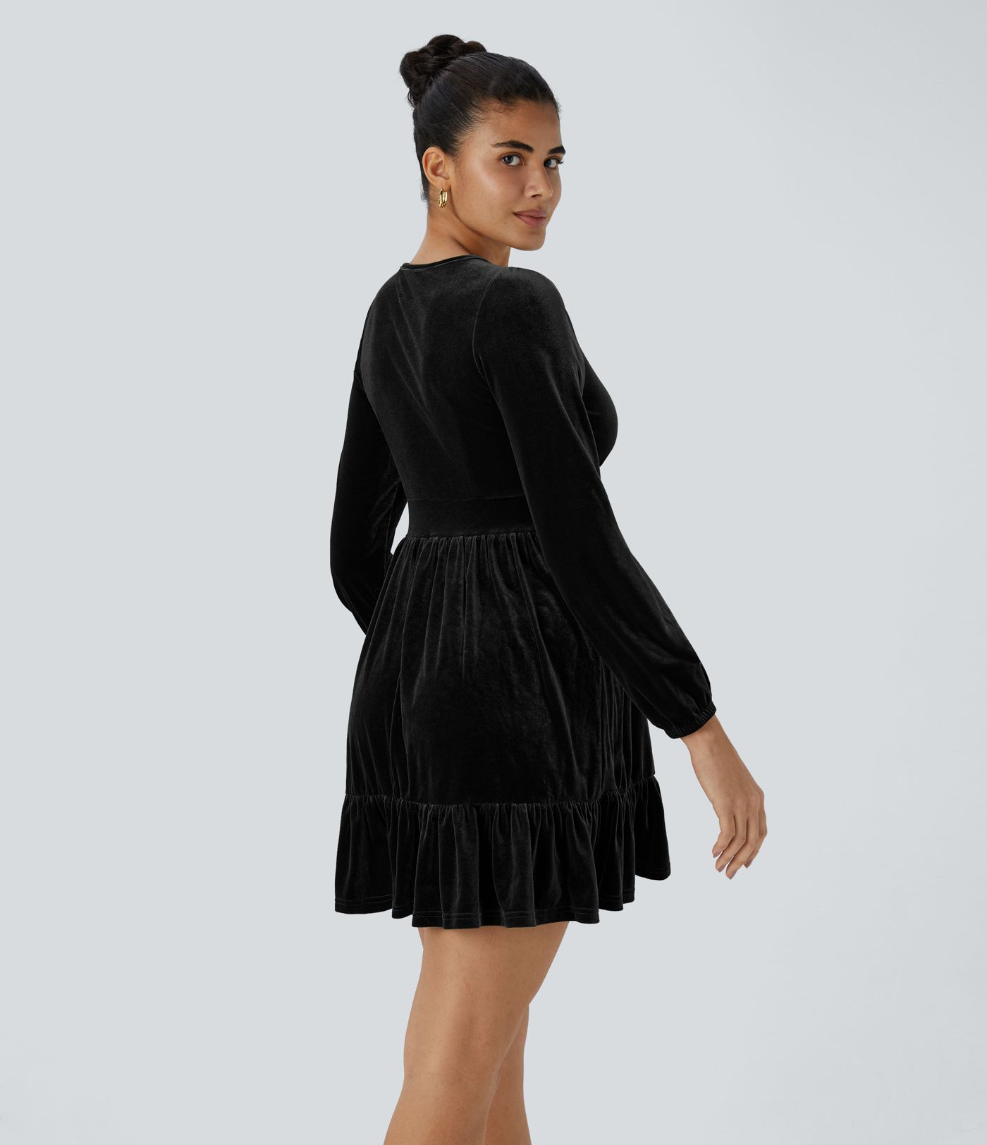 Everyday Deep V Neck Long Sleeve Ruffled Hem Velvet Mini Chill Party Dress
