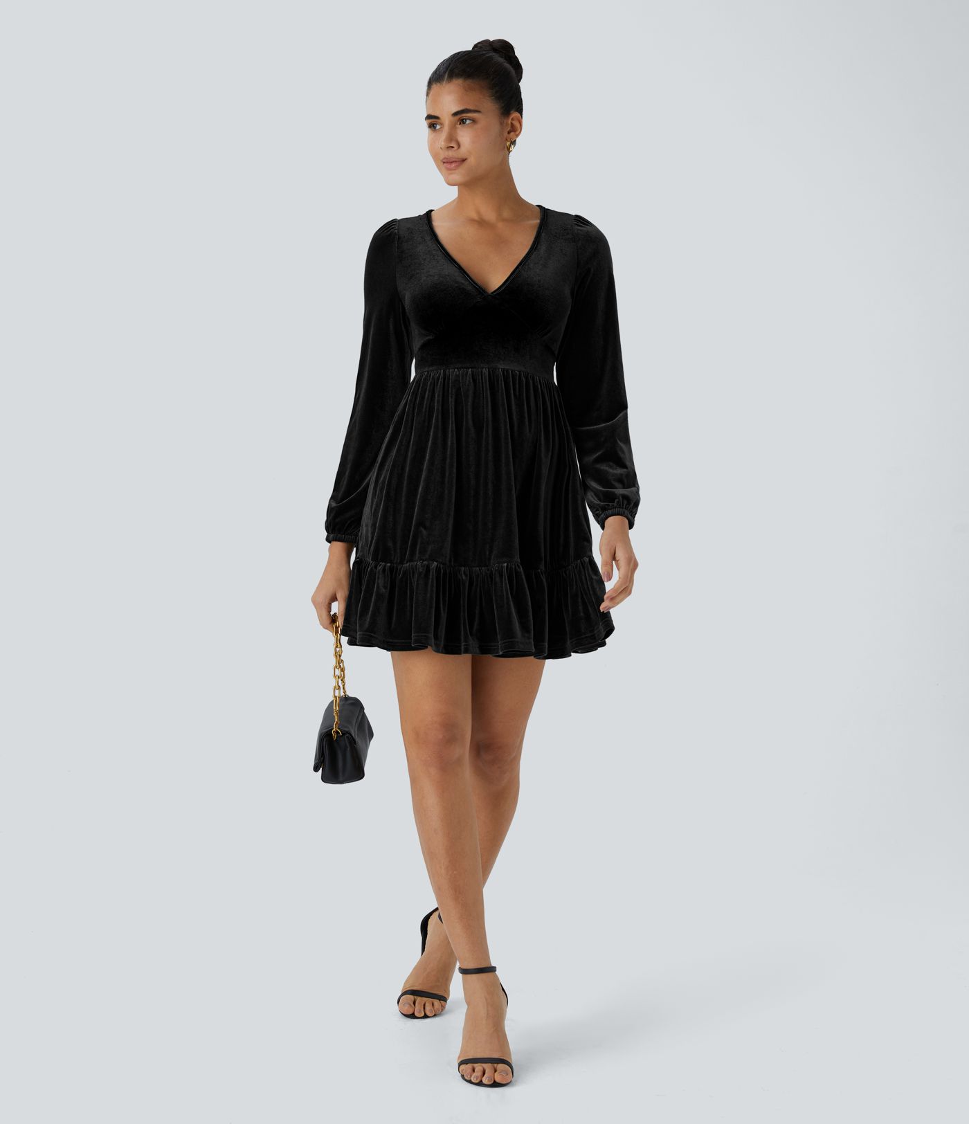 Everyday Deep V Neck Long Sleeve Ruffled Hem Velvet Mini Chill Party Dress