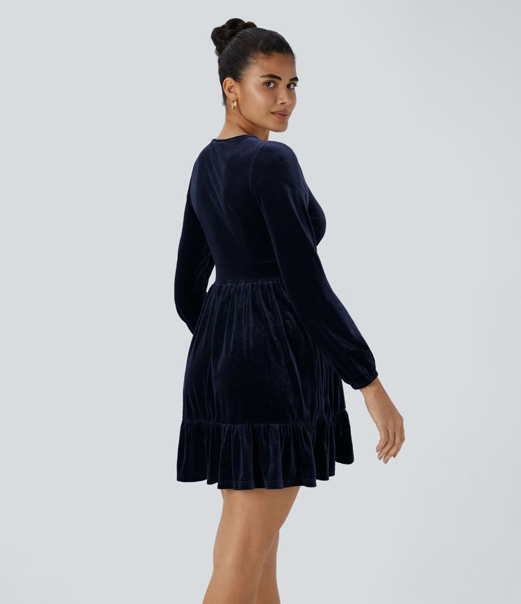 Everyday Deep V Neck Long Sleeve Ruffled Hem Velvet Mini Chill Dress