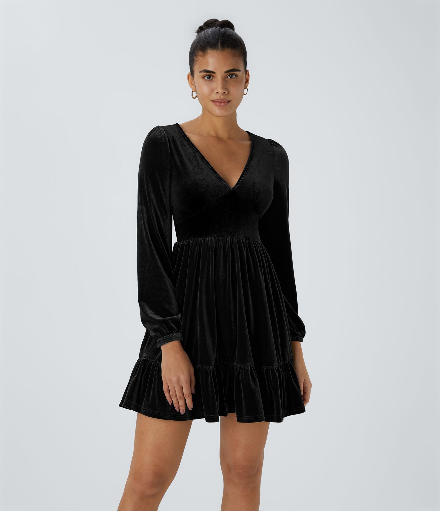 Everyday Deep V Neck Long Sleeve Ruffled Hem Velvet Mini Chill Party Dress