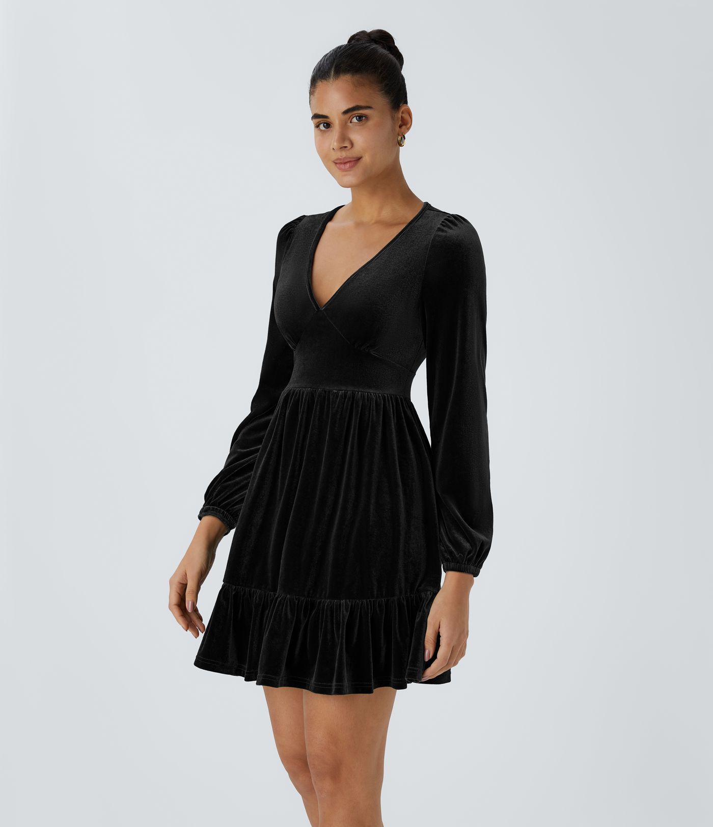 Everyday Deep V Neck Long Sleeve Ruffled Hem Velvet Mini Chill Party Dress