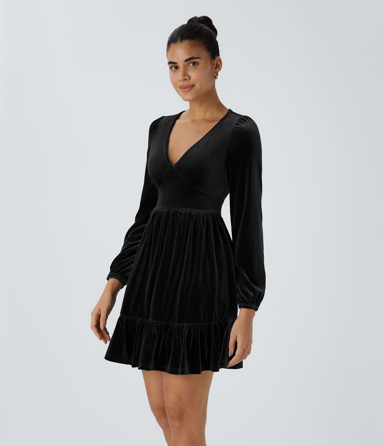Everyday Deep V Neck Long Sleeve Ruffled Hem Velvet Mini Chill Dress