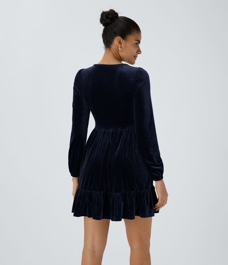 Everyday Deep V Neck Long Sleeve Ruffled Hem Velvet Mini Chill Dress
