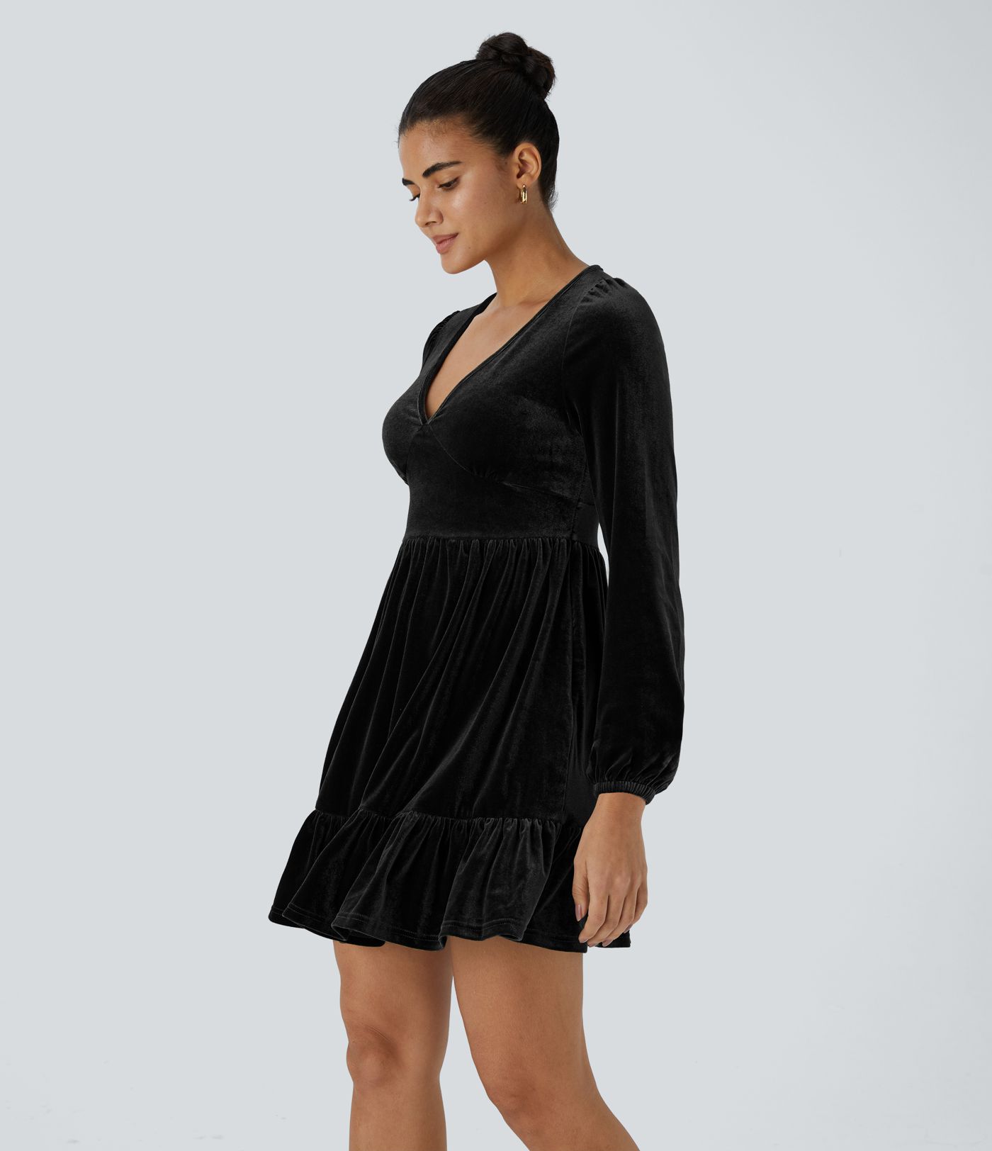 Everyday Deep V Neck Long Sleeve Ruffled Hem Velvet Mini Chill Party Dress