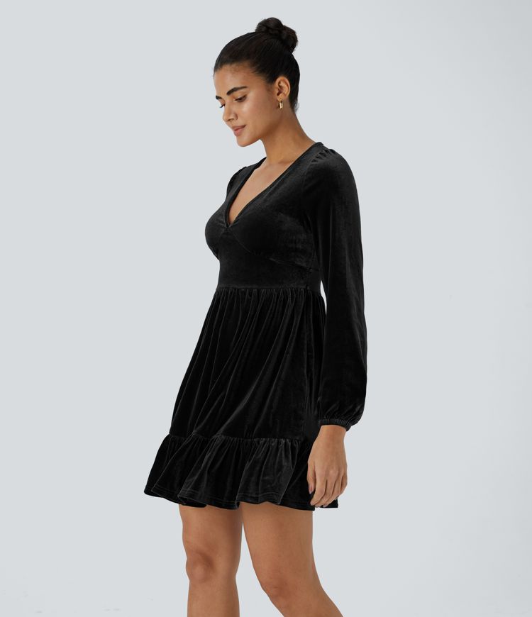 Everyday Deep V Neck Long Sleeve Ruffled Hem Velvet Mini Chill Dress