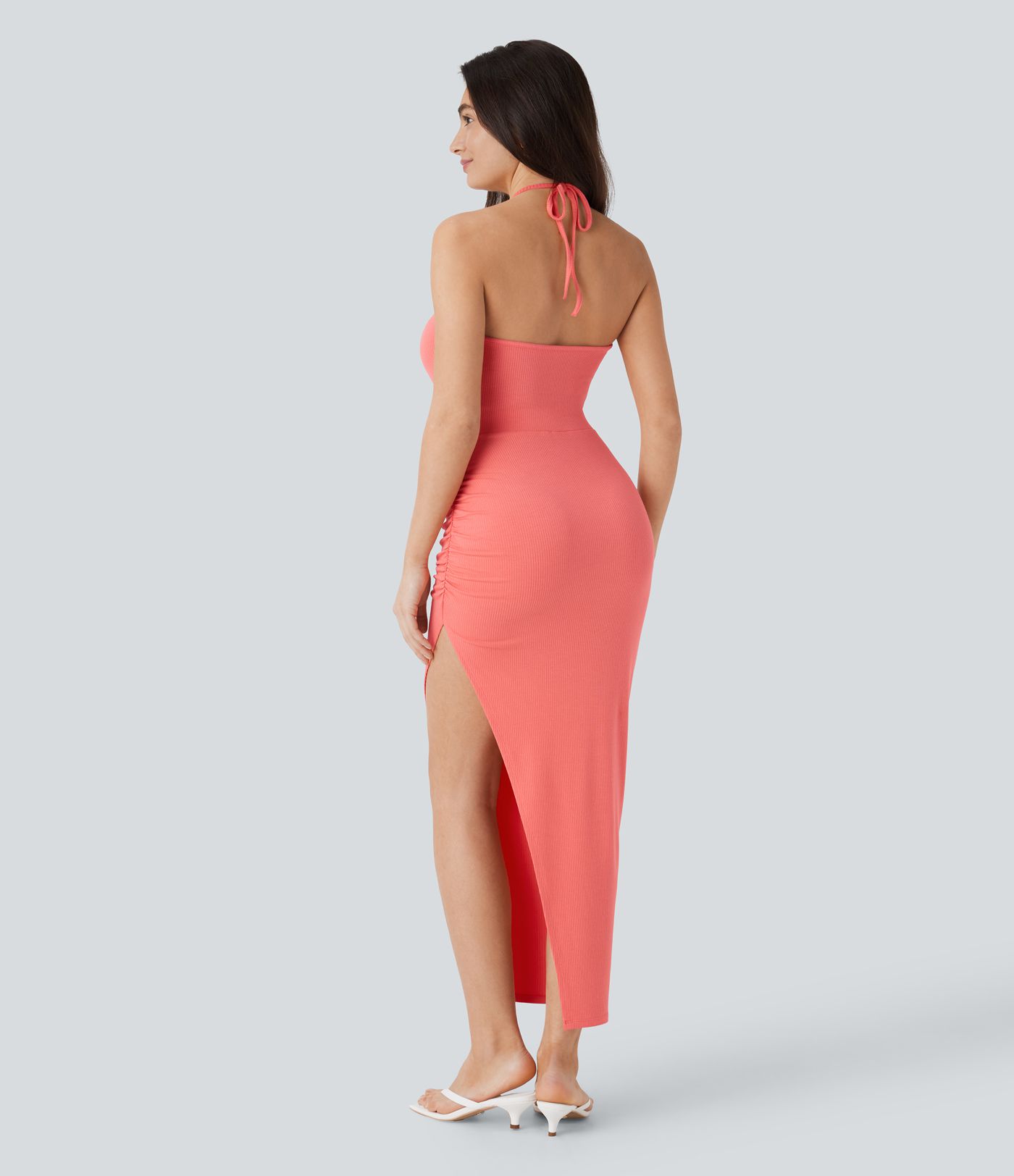 Ribbed Knit Halter Backless Tie Front Cut Out Ruched Split Maxi Resort Dress