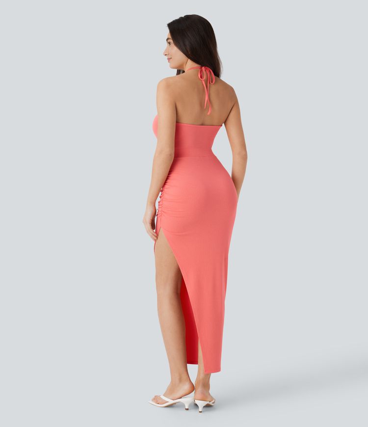 Ribbed Knit Halter Backless Tie Front Cut Out Ruched Split Maxi Resort Dress
