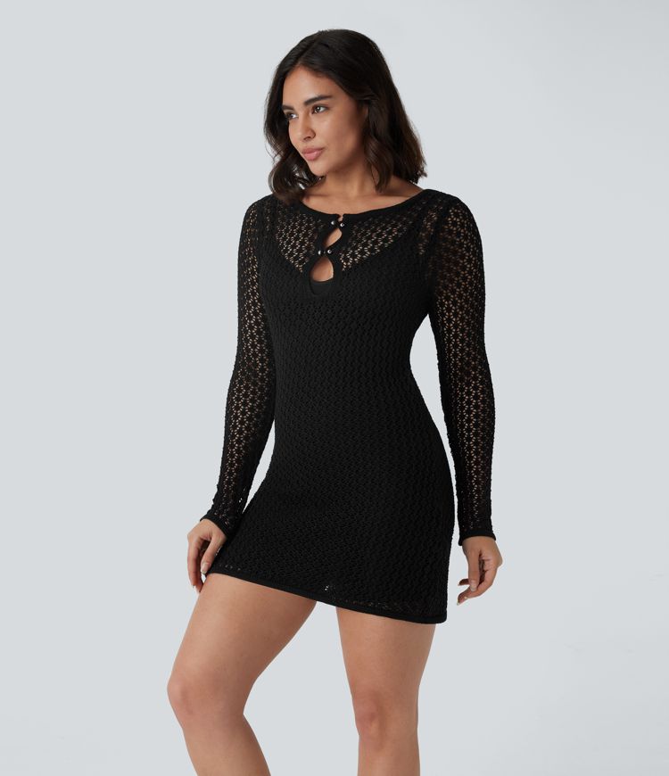 Rückenfreies, langärmliges, schmales Mini-Resort-Kleid aus Häkelstrick