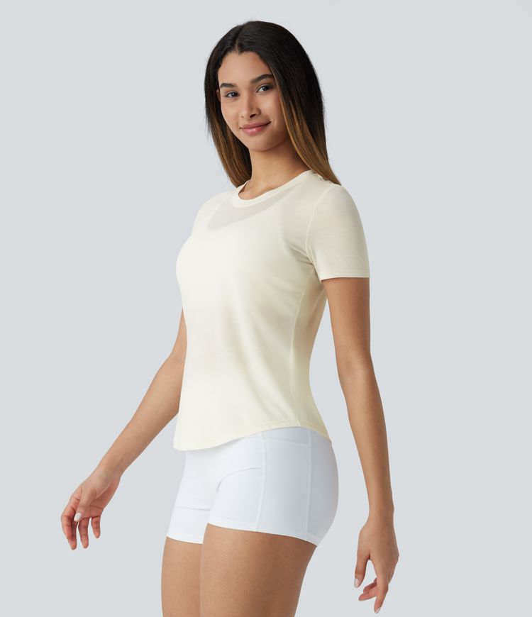 Round Neck Curved Hem Quick Dry Yoga Sports Top