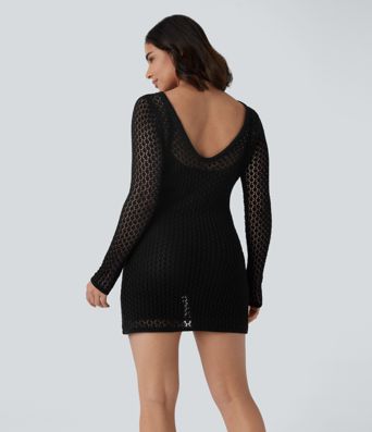 Rückenfreies, langärmliges, schmales Mini-Resort-Kleid aus Häkelstrick