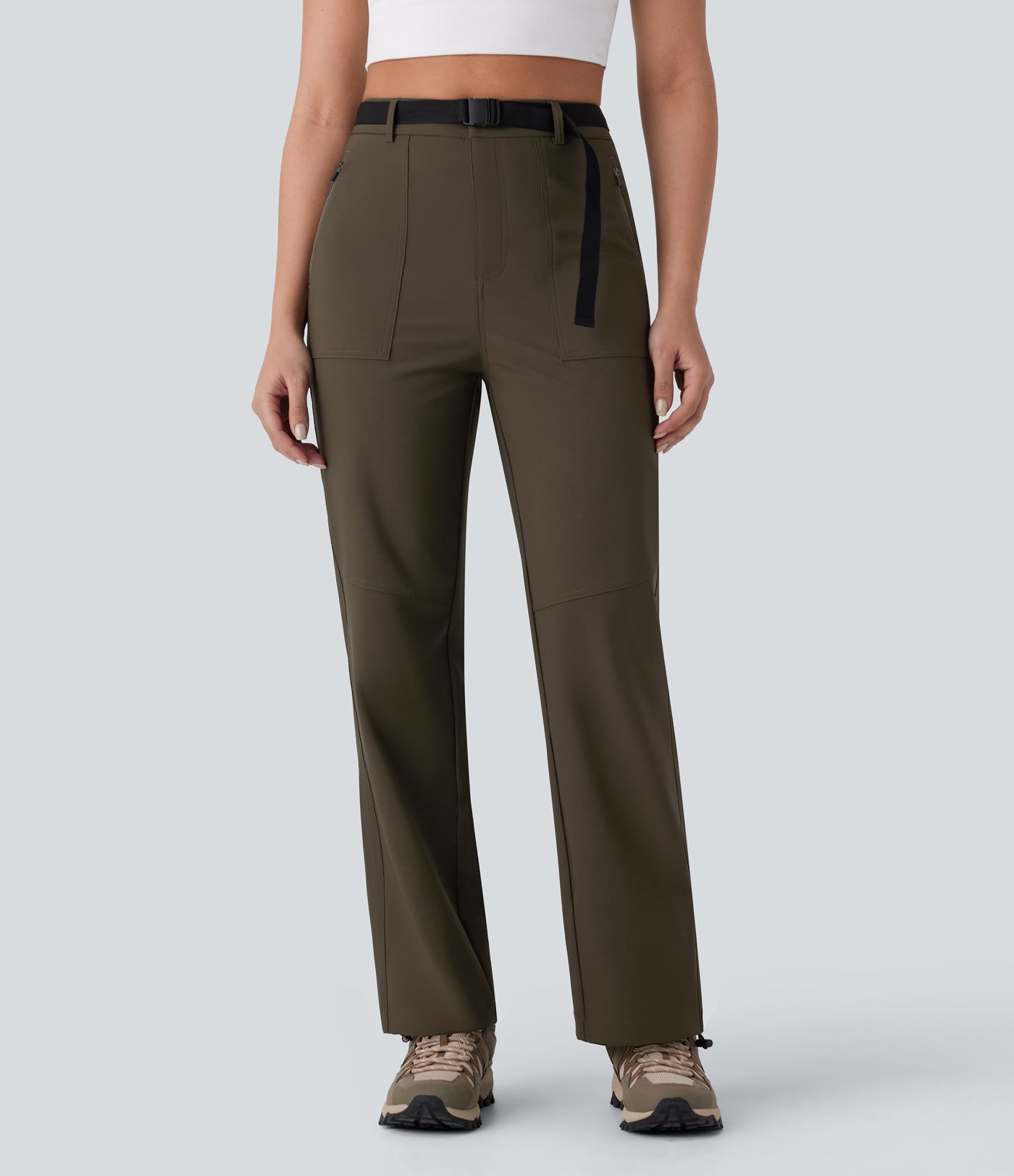 Pantalón senderismo tiro alto repelente agua cinturón bolsillo lateral cremallera pierna recta cordón ajustable