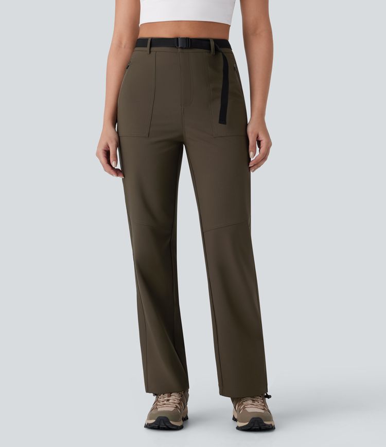 Pantalón senderismo tiro alto repelente agua cinturón bolsillo lateral cremallera pierna recta cordón ajustable