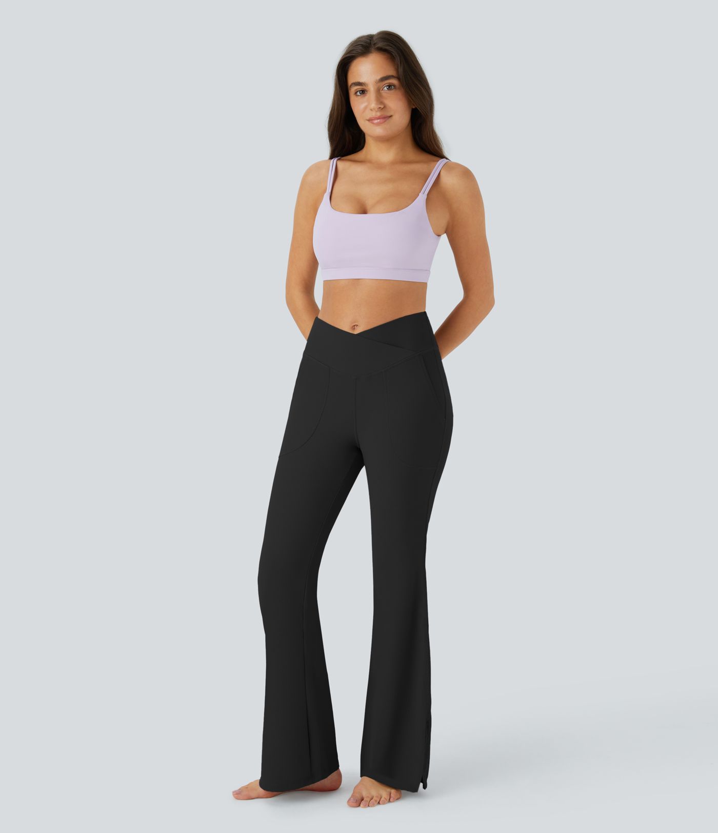 Patitoff® Pet Hair Prevention Crossover Pocket Split Hem Yoga Flare Leggings - Smile