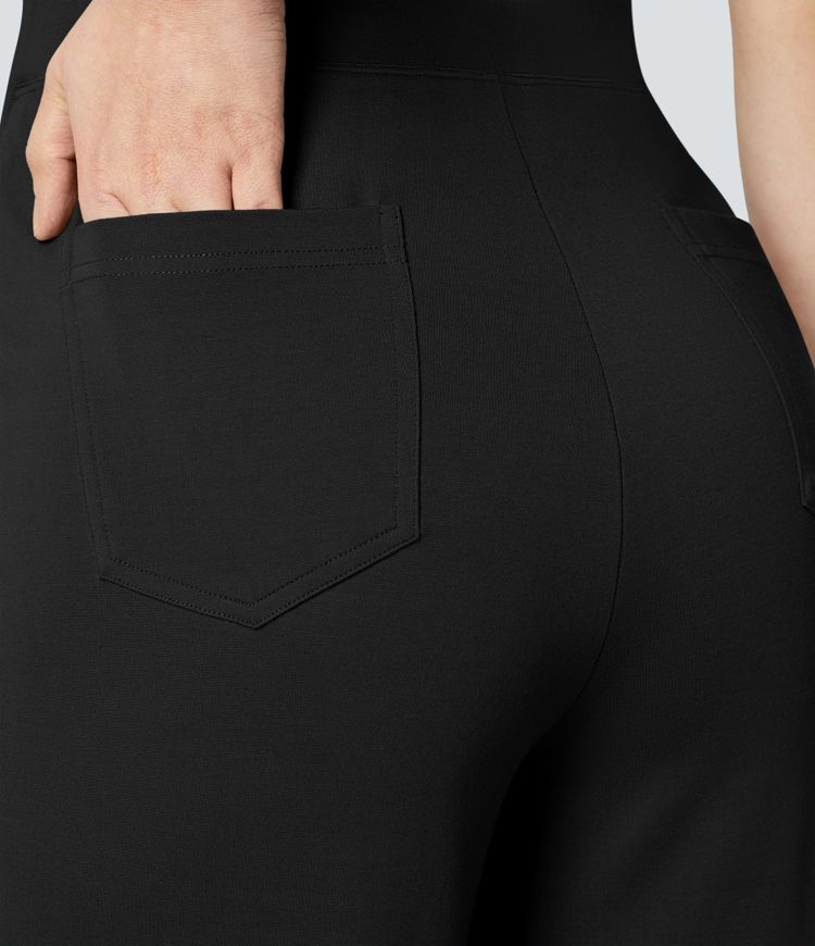 Stoffhose mit hohem Bund und Knopftasche und weitem Bein