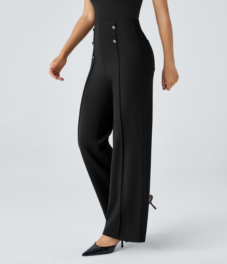 High Waisted Button Pocket Wide Leg Work Pants